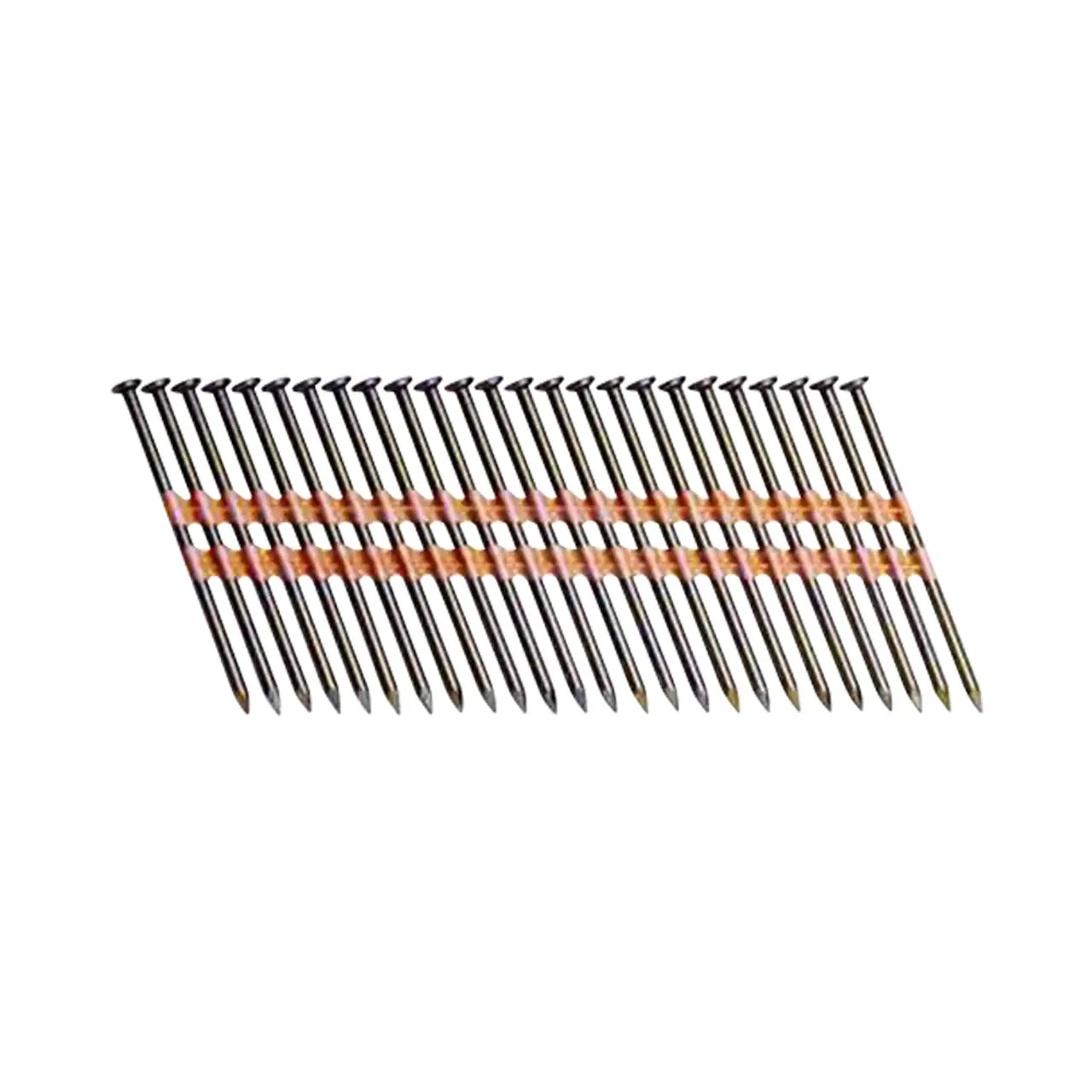 A close-up image features Go Builds 3-1/4 in. x 0.131 Ga bright vinyl-coated smooth shank plastic framing nails, aligned diagonally with flat heads and sharp points, connected by orange and white strips forming a fan-like pattern.