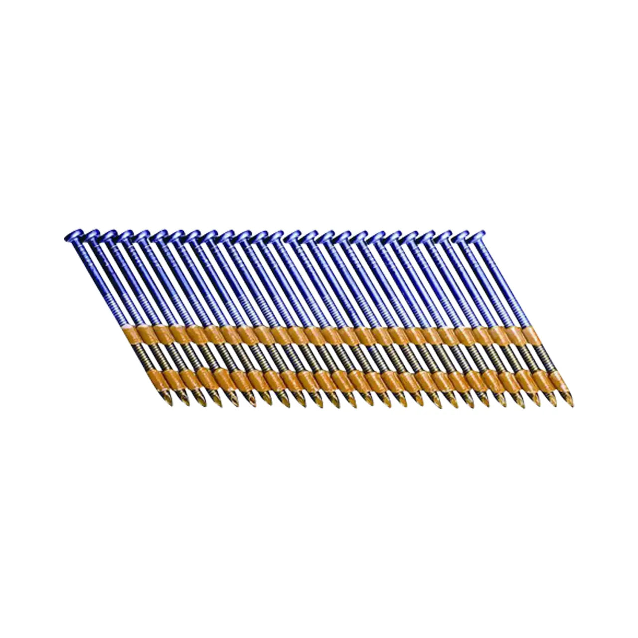Twenty-five blue and wooden pencils, akin to Go Builds 2 in. x 0.113 Ga round head nails, are diagonally aligned on a white background with sharpened ends pointing right.