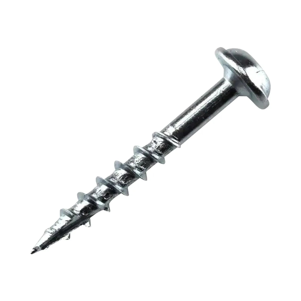 A close-up of a #8 1-1/4 in. Square Maxi-Loc Head Coarse Zinc-Plated Steel Pocket-Hole Screw by Go Build, The Fastest Way To Build, featuring coarse threads and a sharp tip, isolated on a white background.