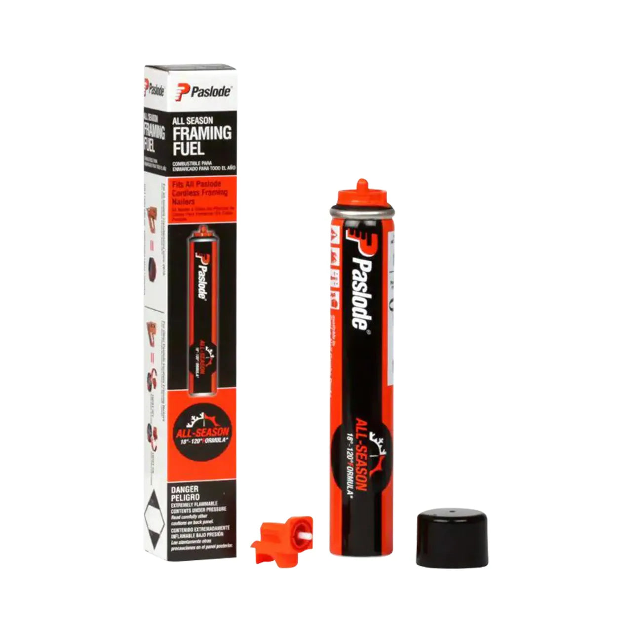 A Go Build Universal Spare Framing Fuel for All Cordless Framers is displayed upright with its box, orange adapter, and black cap on a white background. Brand: Go Build, The Fastest Way To Build.