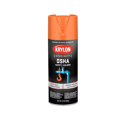 The KRYLON K02410777 OSHA Safety Orange Spray Paint, 12 oz., sports an orange cap and a label depicting a valve and pipe. Its perfect for high visibility in safety equipment and areas needing attention or caution.