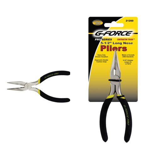 A pair of G-FORCE 21260 5-1/2 in. Long Nose Pliers with black and yellow Ergo Grip handles, featuring chrome vanadium construction; one plier is unpackaged, while the other remains in its packaging, with product details on a matching card.