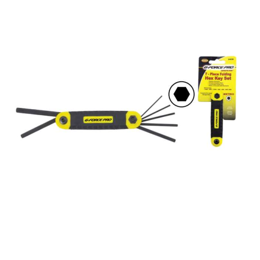 The G-FORCE 24038 7-Piece Folding Hex Key Set features metric keys from 1.5MM to 6MM made of durable Chrome Vanadium Steel. Its yellow handle with a black ergo grip ensures easy use, packaged with a product description and hexagonal illustration.