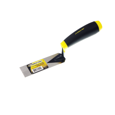 Close-up of the G-FORCE MARGIN TROWEL 70014, featuring a black and yellow Ego Grip Handle and a rectangular stainless steel blade with a label and barcode, set against a plain white background.