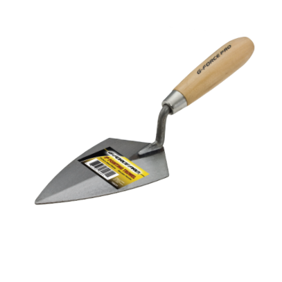 The G-FORCE 70035 7 in. Pointing Trowel by G FORCE features a wooden handle and flat, pointed stainless steel blade with a yellow and black label affixed, displaying a barcode and product details for effective mortar joint handling.
