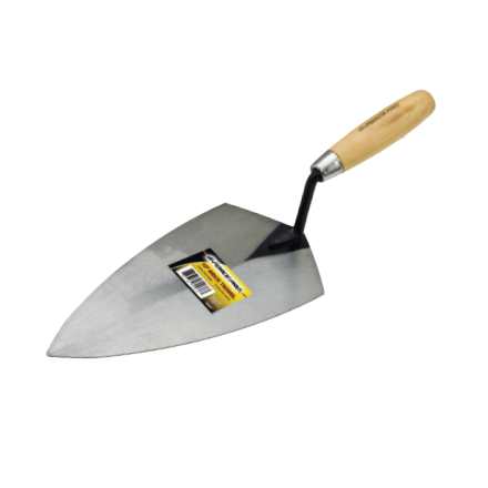 The G-FORCE 70039 London Brick Trowel features a 10-inch flat, triangular stainless steel blade and a wooden handle, with a yellow and black label ideal for smoothing mortar joints.