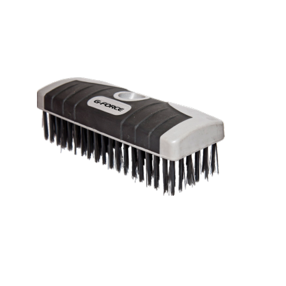 The G-FORCE 44438 is a 6 in. x 19 in. wire brush with black bristles and a silver and black handle, featuring a soft grip and G-FORCE marked button for heavy-duty cleaning.