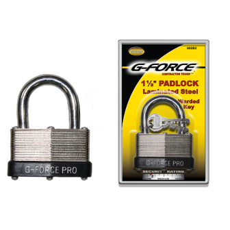The image features a G FORCE 60282 1-1/2 in. Warded Key Steel Laminated Padlock against a yellow backdrop labeled 1½” Padlock, Laminated Steel, with the padlock also displayed separately outside its packaging.