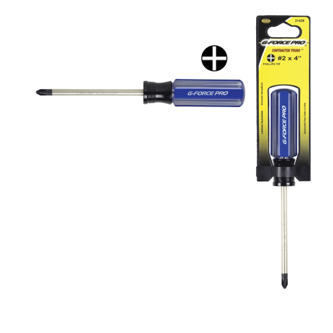 Image of the G-FORCE 21422 #0 x 4 in. Pocket Phillips Screwdriver with blue and black handle, shown unpackaged and in its yellow packaging. Ideal for home maintenance, it features durable chrome vanadium construction for reliable performance. Brand: G FORCE.