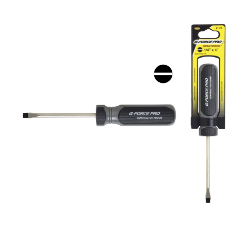 Image of G-FORCE 21410 Slotted Screwdriver in its signature yellow/black packaging, highlighting the Ergo Grip Handle and robust 2-inch chrome vanadium shaft.