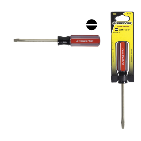 The G-FORCE 21448 Stubby Slotted Screwdriver features a red, black handle and is made of chrome vanadium for durability. Measuring 1/4 x 1-1/2, its yellow and black packaging highlights its corrosion-resistant qualities.