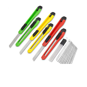 The G FORCE 24250 Replacement 9MM (13 Point) Snap Knife set features knives in assorted colors with black sliders, arranged next to replacement silver blades—ideal for precise, convenient cutting.