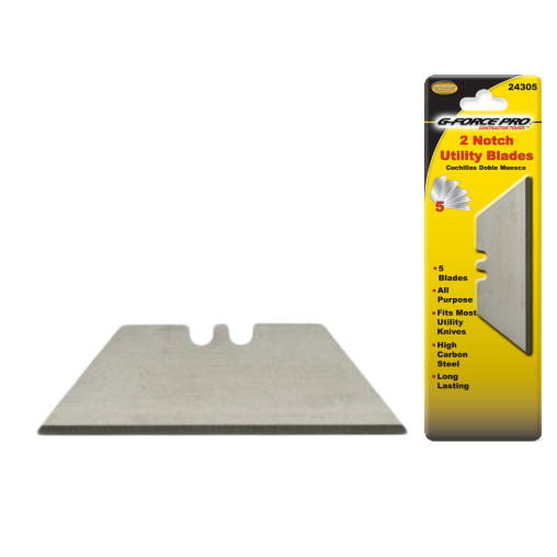 A close-up shows a G-FORCE REPLACEMENT UTILITY KNIFE BLADE from the G-FORCE 24305 (5-Piece) set. The package reads 5 Replacement Utility Knife Blades, For all purpose, and Fits most utility knives. Made of high-carbon steel, one blade is seen outside its packaging.