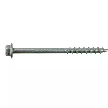A close-up image of a #9 x 2-1/2 in. Simpson Strong-Tie Strong-Drive screw, featuring a hex drive and a partially threaded galvanized shaft, placed horizontally on a plain white background.