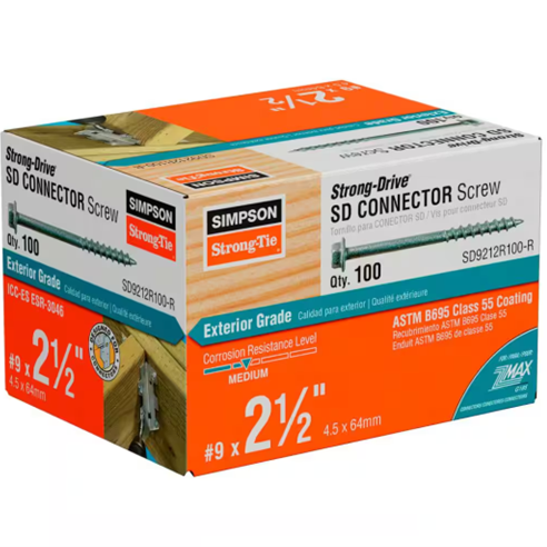 The 100-pack of Simpson Strong-Drive #9 x 2-1/2 galvanized structural connector screws features orange and white packaging, highlighting Exterior Grade, Medium Corrosion Resistance, and ASTM B695 Class 55 Coating, making them perfect for construction use.
