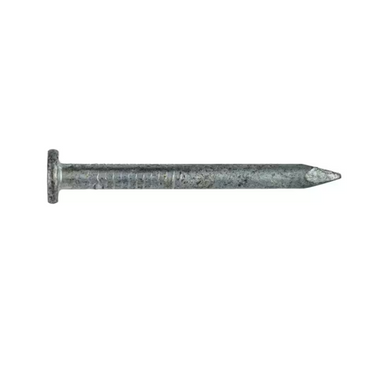 A single 1-1/2 in. x 0.131 in. Simpson Strong-Drive SCN Smooth-Shank Hot-Dip Galvanized Connector Nail from Simpson Strong-Tie is positioned horizontally against a white background, showcasing its flat head and pointed tip for added durability.