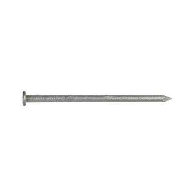Image of a single 3-1/2 in. x 0.162 in. Simpson Strong-Drive SCN Smooth-Shank Connector Nail, hot-dip galvanized for durability, with a flat head and sharp point, set horizontally on a white background, by Simpson Strong-Tie.