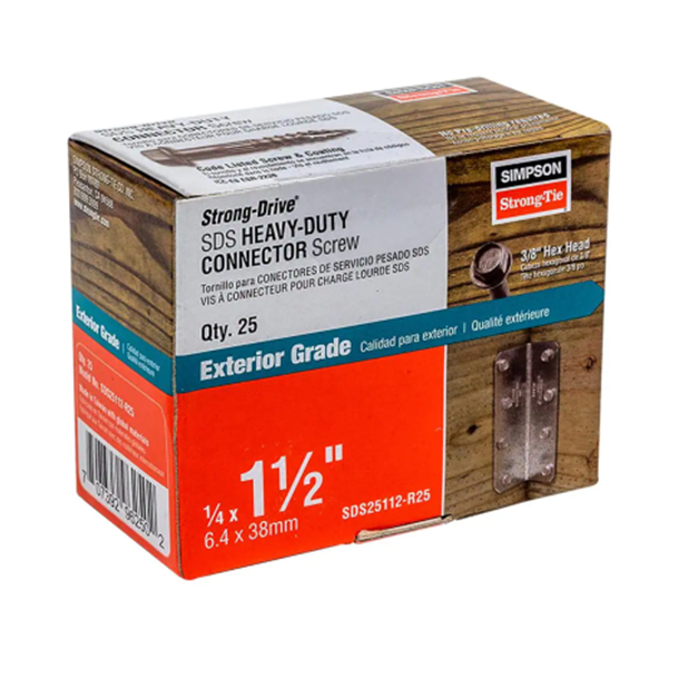 A 25-pack of Simpson Strong-Drive SDS heavy-duty structural connector screws (1/4 in. x 1-1/2 in.) by Simpson Strong-Tie, suitable for exterior use.