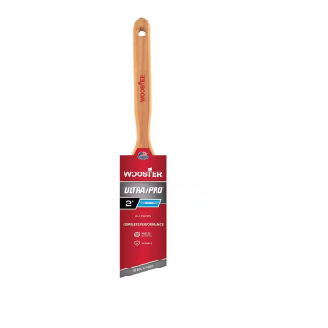 The WOOSTER Ultra/Pro paintbrush has a wooden handle with a firm angle sash and 2-inch angled nylon/polyester bristles, suitable for all paints. It comes in a red cardboard cover highlighting the brand and features, ideal for professional painters.