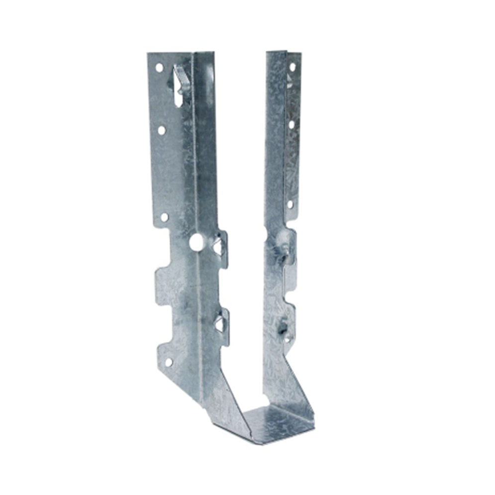 The Simpson LUS ZMAX Galvanized Double Shear Face Mount Joist Hanger for 2x10 Lumber by Simpson Strong-Tie features a U-shaped design with ZMAX galvanization, pre-drilled holes for securing wooden beams, and a textured industrial finish, providing optimal structural support in construction projects.