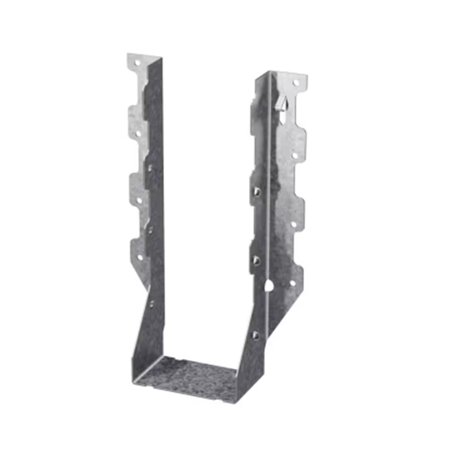 The Simpson Strong-Tie LUS ZMAX Galvanized Double Shear Face Mount Joist Hanger is designed for double 2x10 lumber, featuring a U-shaped design and perforated sides for easy fastening. Its ZMAX Galvanization enhances support and durability, while the textured gray surface adds extra strength.