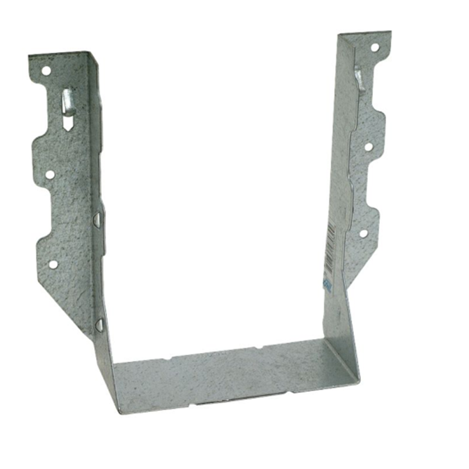 The Simpson LUS ZMAX Galvanized Double Shear Face Mount Joist Hanger for Triple 2x8 Lumber is a U-shaped metal bracket with a flat base and two vertical sides, featuring multiple fastening holes. Its textured ZMAX galvanized finish aligns with Simpson Strong-Ties standards for durable construction support.