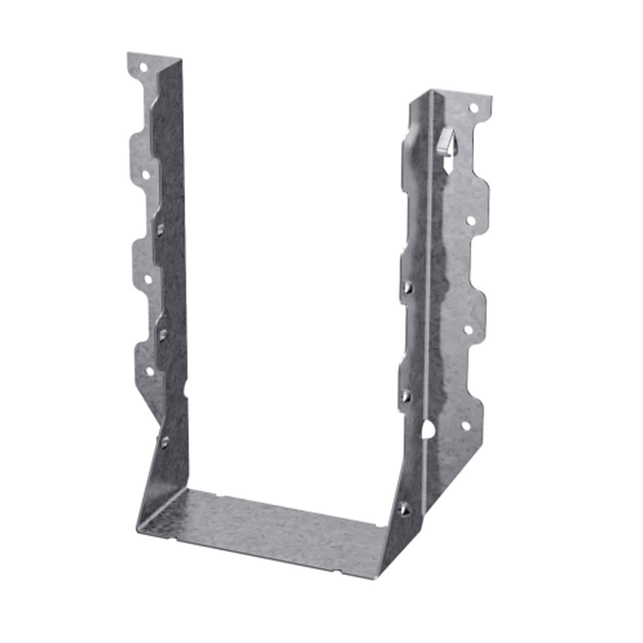 The Simpson Strong-Tie LUS ZMAX Galvanized Double Shear Face Mount Joist Hanger for Triple 2x10 Lumber features a U-shaped design, multiple holes, and angled edges for structural support or framing in construction or woodworking, with a durable ZMAX galvanized finish.
