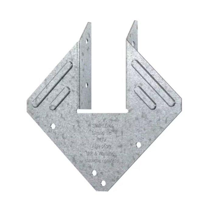 The Simpson Strong-Tie H1A 18 Ga ZMAX Galvanized Hurricane Tie is a V-shaped metal connector with pre-drilled holes and engraved text and lines, perfect for construction or woodworking to join materials at right angles, offering enhanced durability against elements.