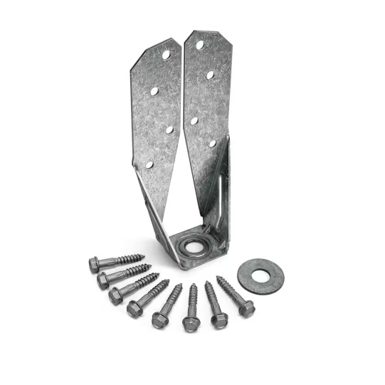 The Simpson DTT ZMAX Galvanized Deck Tension Tie for 2x nominal lumber, surrounded by nine 1-1/2 in. SDS screws and a large washer, stands upright on a white background, ideal for enhancing lateral load connection in deck projects. Crafted by Simpson Strong-Tie for superior performance.