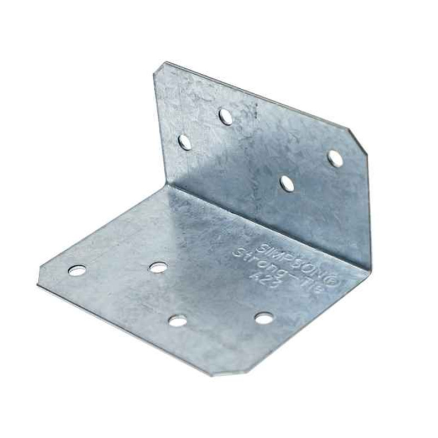 The Simpson 2 in. x 1-1/2 in. x 2-3/4 in. ZMAX Galvanized Angle from Simpson Strong-Tie offers multiple screw holes, ideal for joining or reinforcing construction and DIY projects with its durable and reliable 90-degree design and slightly textured finish.