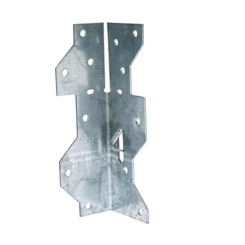 The Simpson Strong-Tie ZMAX Galvanized Framing Angle has a symmetrical, angular design with multiple fastening holes. Crafted from galvanized steel, it includes a central raised ridge and sharp edges, enhanced by its slightly textured, reflective finish.