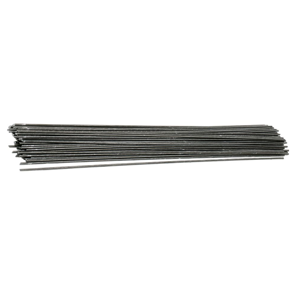 A pack of Simpson Strong-Ties Simpson 15-1/2 in. Insulation Supports (100-Pack), characterized by their sleek metallic finish, is neatly stacked in parallel on a white background.