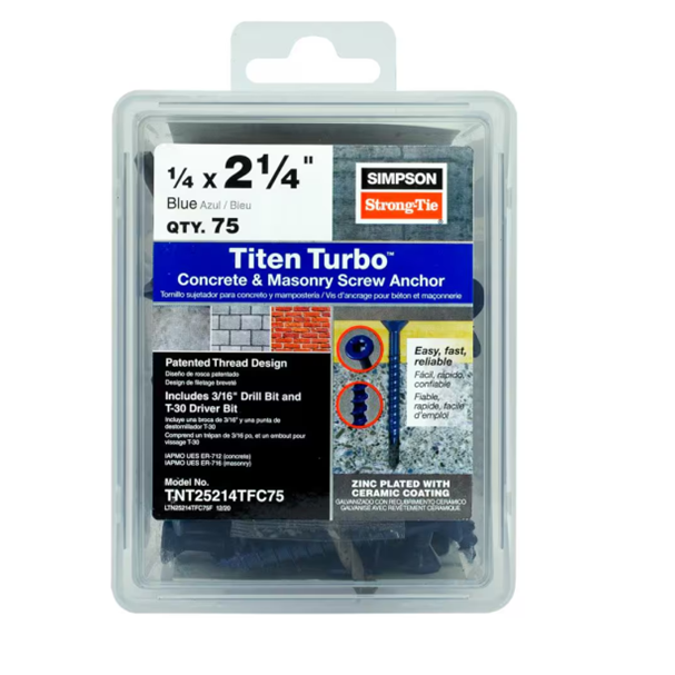 Image of a 75-pack of Simpson Strong-Tie Titen Turbo 1/4 in. x 2-1/4 in. flat head blue concrete screws with reverse thread design and Torque Reduction Channel, including a drill bit and driver bit. Model: TNT25214TFC75.