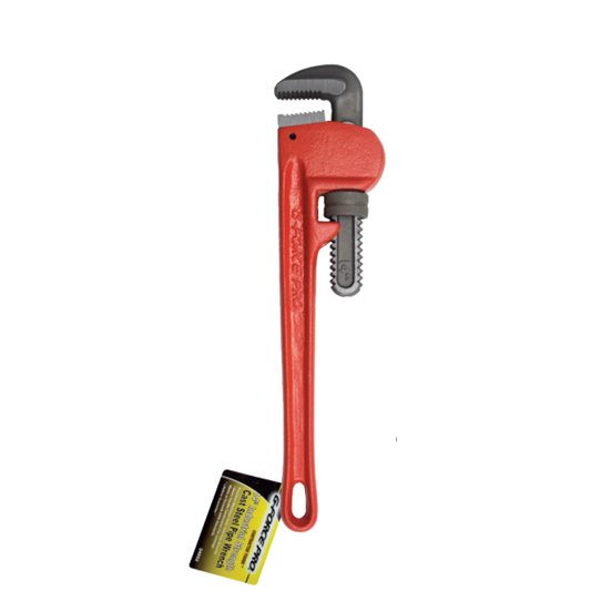 The G-FORCE 24053 Steel Pipe Wrench features a red I-beam handle with a yellow tag, precision machined teeth, an adjustable open jaw, and measures 18 inches.