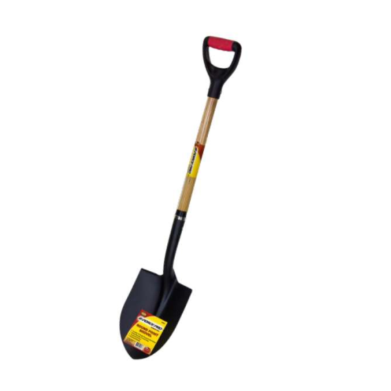 The G FORCE Round Point Shovel 528897 features a durable steel blade, wooden handle, and a red rubber D-handle grip. Its black metal design is accentuated by the product label on the blade.