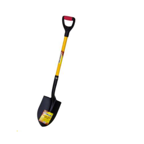 The G-Force Round Point Shovel 52912 features a 43-inch yellow fiberglass D-handle with a red rubber grip. Its tempered steel blade includes an attached label, standing out against a plain white background.