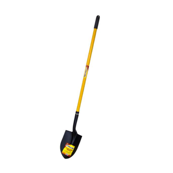 The G FORCE ROUND POINT SHOVEL 52914 features a tempered steel blade and a vibrant yellow, 58-inch fiberglass handle with a rubber grip, set against a white background.