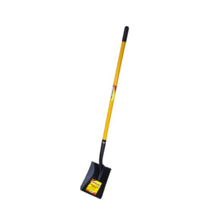 The G-FORCE Square Point Shovel 52913 boasts a durable yellow 58-inch fiberglass handle with a rubber grip and a tempered steel black blade, set diagonally on a white background to highlight its robust design.