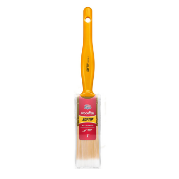 The WOOSTER Softip White Nylon/Gold Polyester Blend Paint Brush features a yellow handle labeled WOOSTER Softip and 1 inch, ideal for precision work. It has premium bristles suitable for all paints and a convenient hole in the handle for hanging.