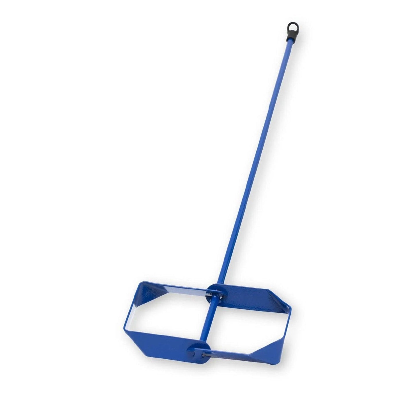 The MARSHALLTOWN 819 Quik-Mix 28 in. Mixer by MARSHALLTOWN features a durable blue metal frame, long handle, and square mixing blade, ideal for mixing cement and mortar efficiently. It is beautifully isolated on a white background.