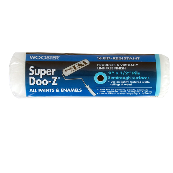An image of the WOOSTER Super Doo-Z 9 in. White Woven Paint Roller Cover highlights its durable, shed-resistant fabric. Designed for all paints & enamels, this white roller is 9 x 1/2 and suits semirough surfaces. The packaging features a Made in the USA seal.