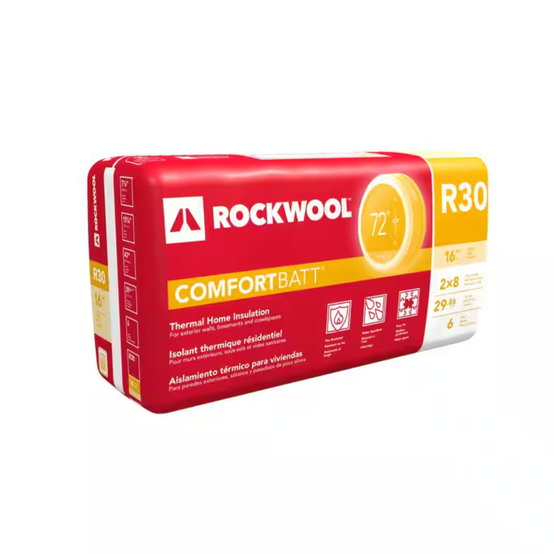 A package of Rockwool RXCB301525 R-30 Comfortbatt, 7-1/4 in. x 15 in. x 47 in., fire resistant stone wool insulation batt (29.9 sq ft), offers residential energy efficiency and safety for standard wall cavities.