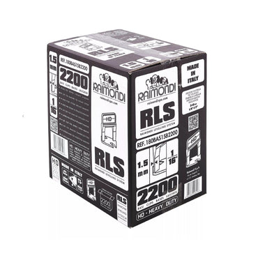 The RAIMONDI 180BAS15B2200 RLS 1/16 in. HD Level Clips come in a 2200-pack, featuring black and white packaging that details dimensions (1.5 mm) and includes installation illustrations. They are part of the Raimondi Leveling System, ideal for tile setting, and proudly made in Italy.