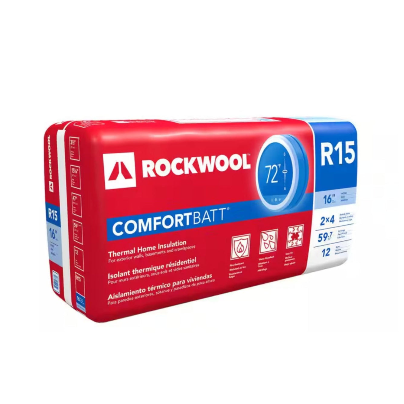 A red and blue ROCKWOOL RXCB351525 R15 ComfortBatt package displays fire-resistant stone wool insulation by Rockwool, detailing its 3-1/2 in. x 15-1/4 in. x 47 in. size, superior thermal performance, soundproofing abilities, and coverage of 59.7 sq. ft.