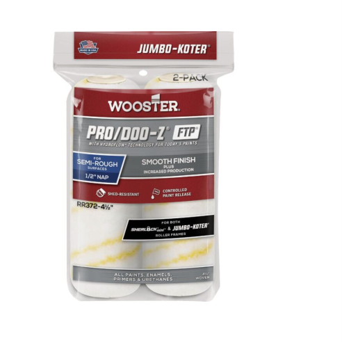 The WOOSTER Jumbo-Koter 4-1/2 in. Pro/Doo-Z FTP Roller Cover (2-Pack) is ideal for semi-rough surfaces, featuring a 1/2 nap for smooth finishes and controlled paint release, making it perfect for all paints, enamels, primers, and urethanes.