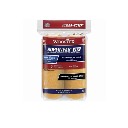 The WOOSTER Jumbo-Koter 4-1/2 in. Super/Fab FTP Roller Cover (2-Pack) is designed for semi-rough surfaces, offering high production with reduced splatter and a smooth finish on flat, eggshell, or satin paints.