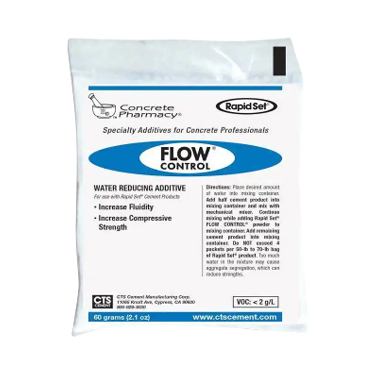 A white packet labeled 2.12 oz. Concrete Pharmacy Flow Control by Go Build, The Fastest Way To Build— a water reducing cement additive that boosts fluidity and compressive strength, featuring clear usage instructions and company details.