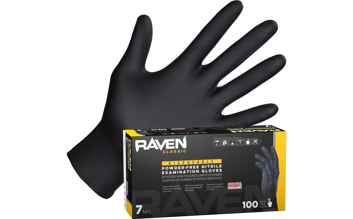 A black SAS Raven Powder-Free Exam Grade Nitrile Disposable Glove (7 mil, 100PK L) is shown above its matching black box with yellow accents, offering chemical and puncture resistance.