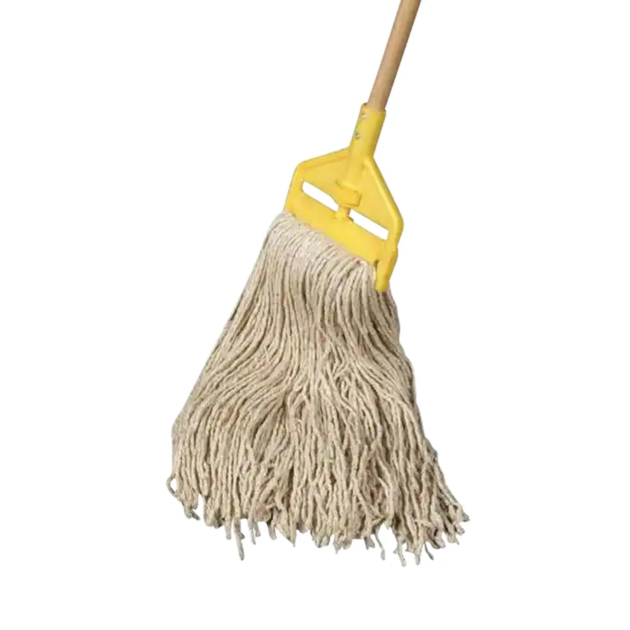 The Go Build 54 in. #16 Cotton Cut End Wet String Mop features a yellow plastic handle and beige cotton strands, shown against a white background—ideal for efficient floor cleaning.