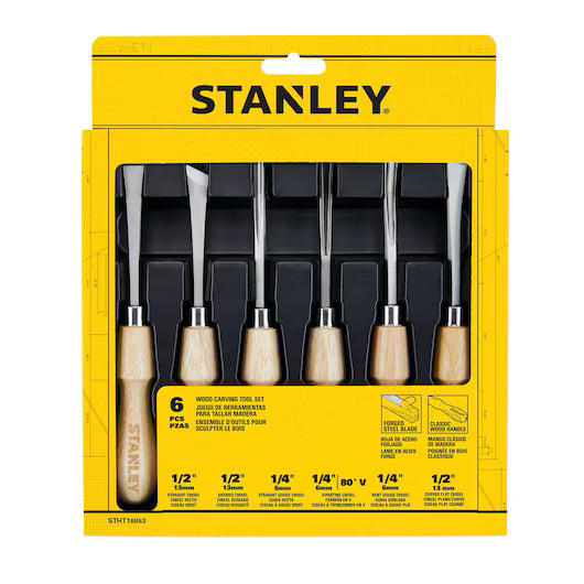 The STANLEY 6 PC WOOD CARVING TOOL SET includes chisels and gouges with wooden handles and metal blades, arranged vertically in a yellow package—ideal for woodworking projects.